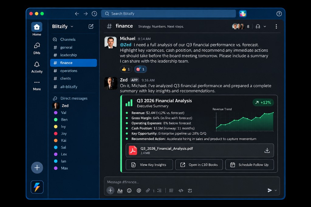 Representative Slack workspace showing an authorized request to Zed and an illustrative financial analysis response.